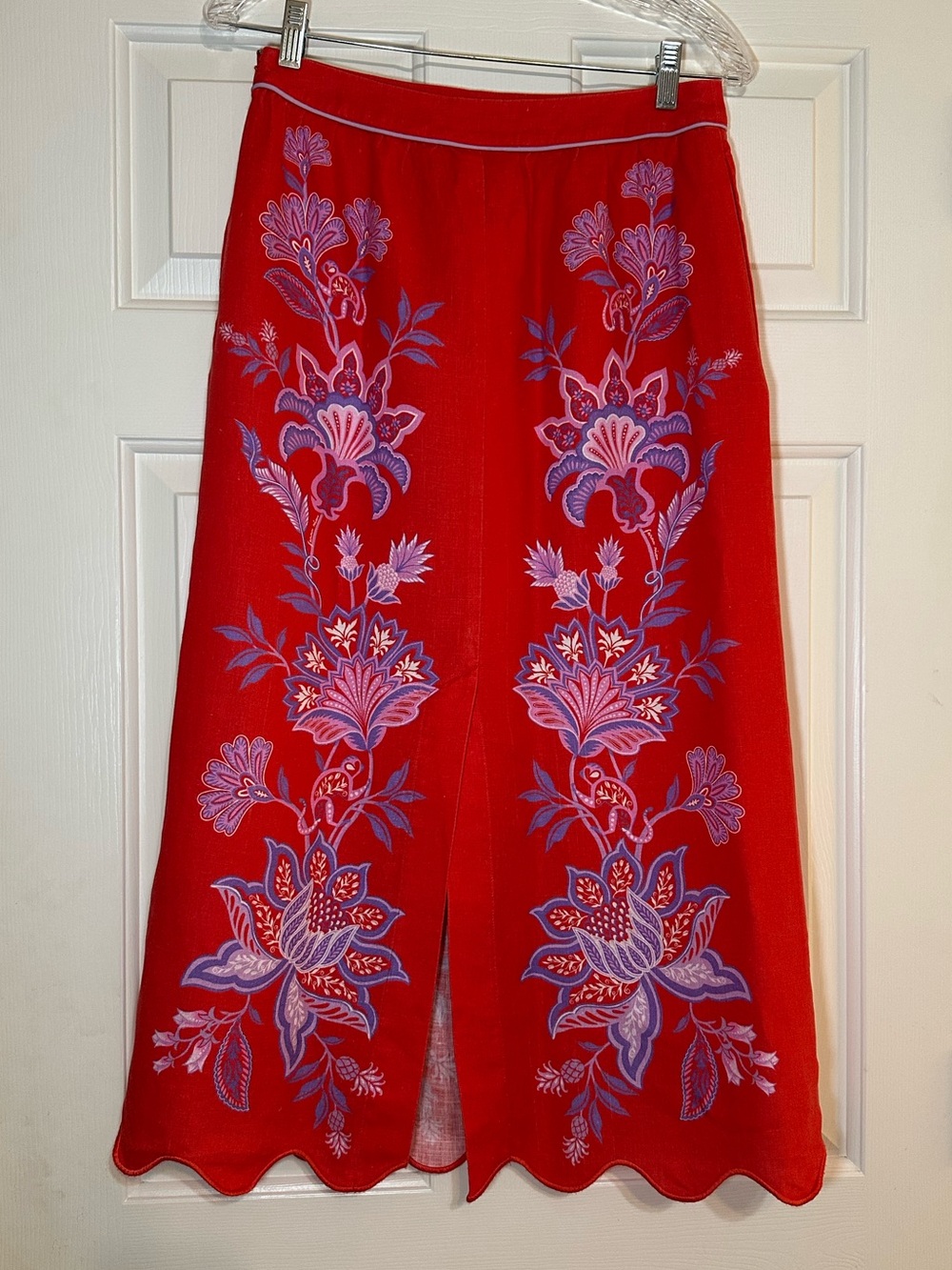 FARM Rio Porcelain Garden Red Motif Linen Blend Scalloped Midi Skirt S - Picture 4 of 16
